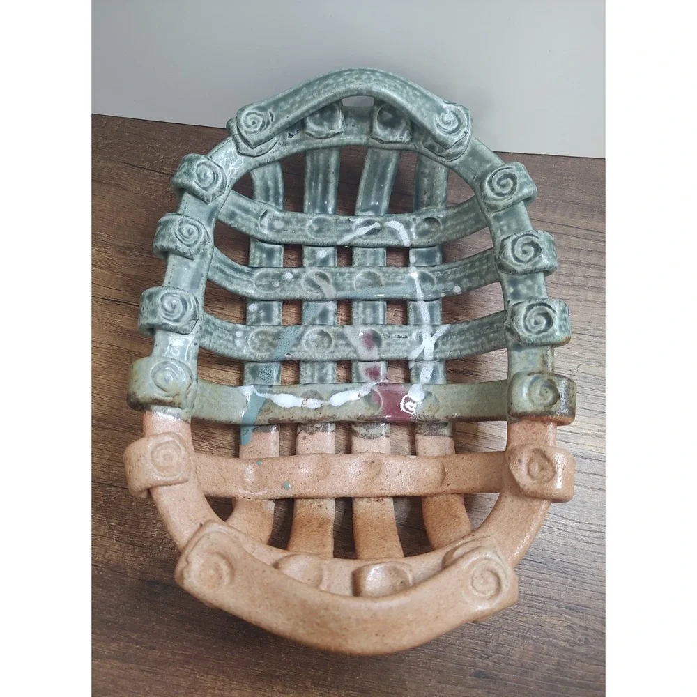 Ceramic Pottery Open Weave Lattice Basket 12x9